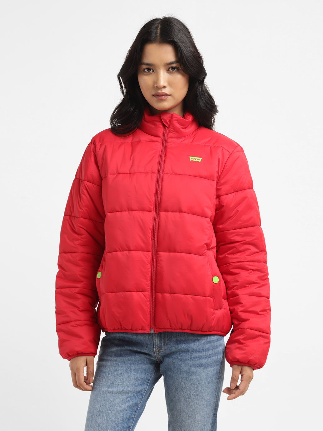 Women's Solid Red High Neck Jacket