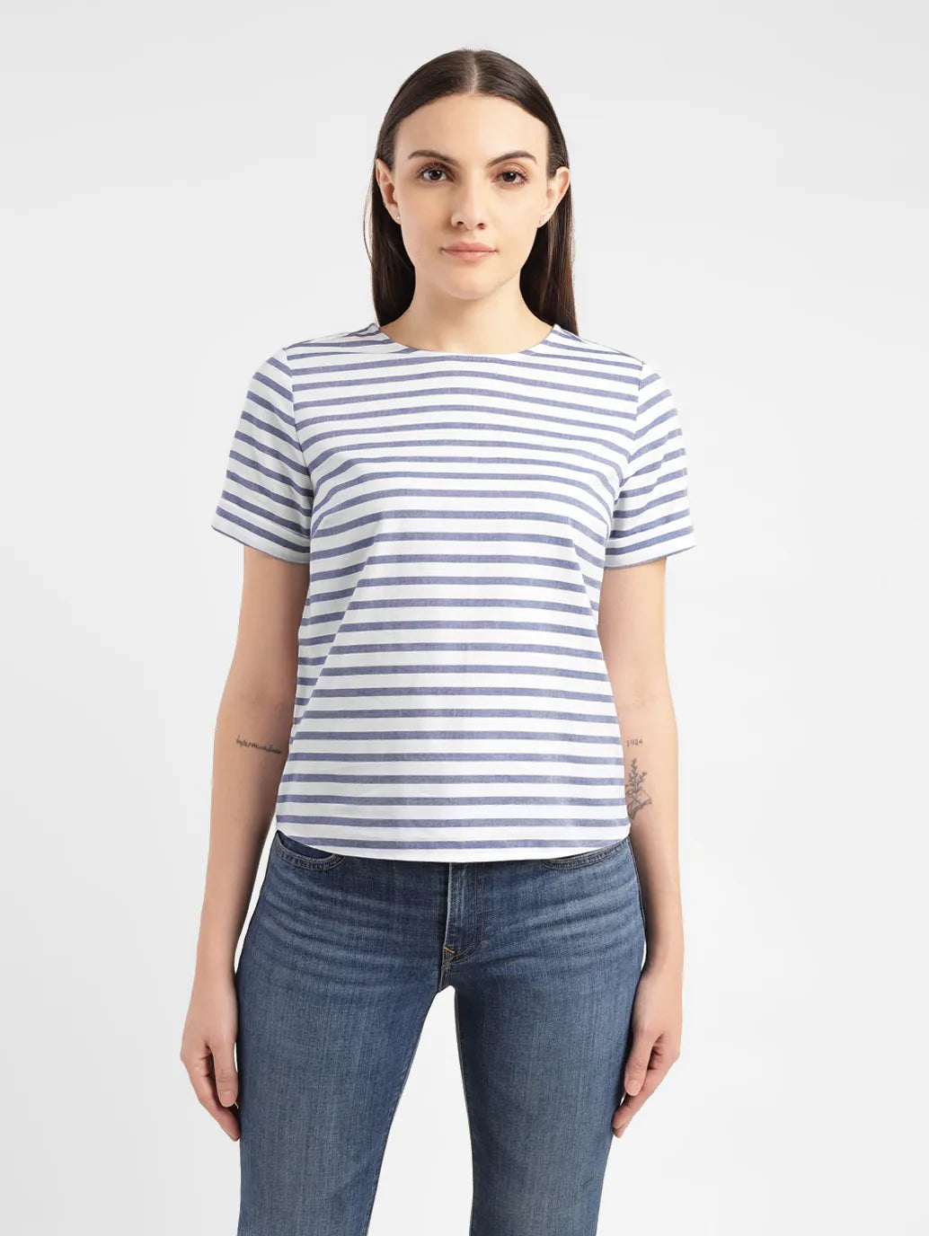 Women's Striped White Round Neck Top