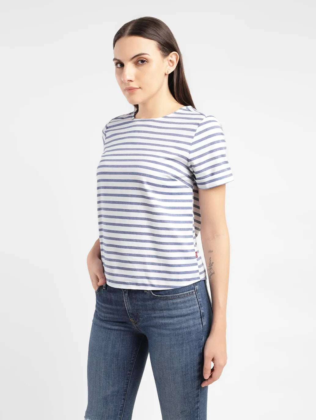 Women's Striped White Round Neck Top