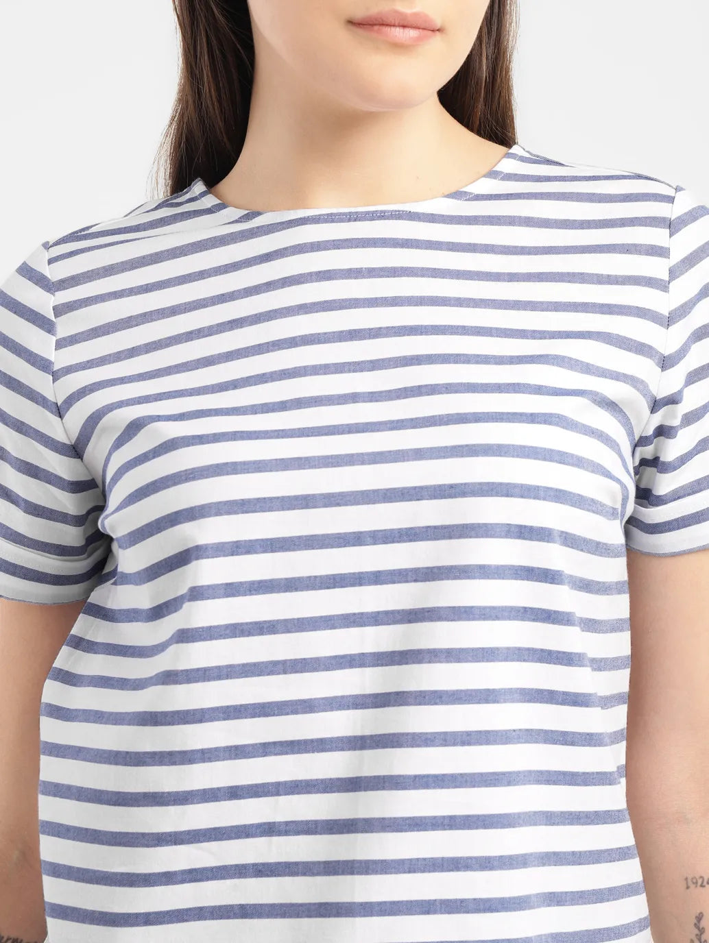 Women's Striped White Round Neck Top