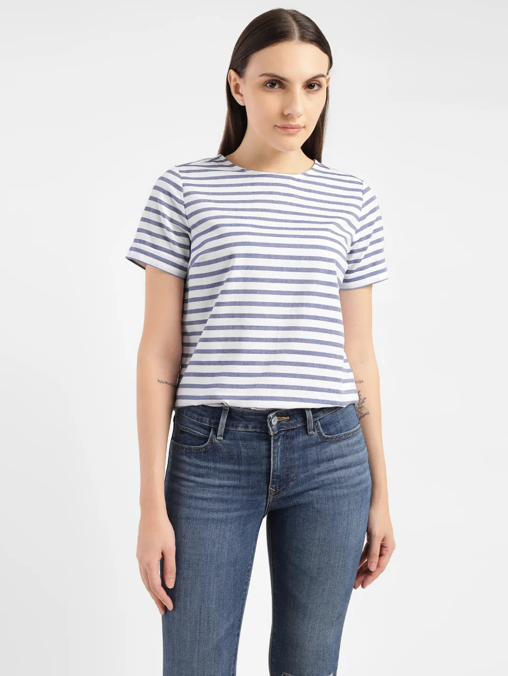 Women's Striped White Round Neck Top