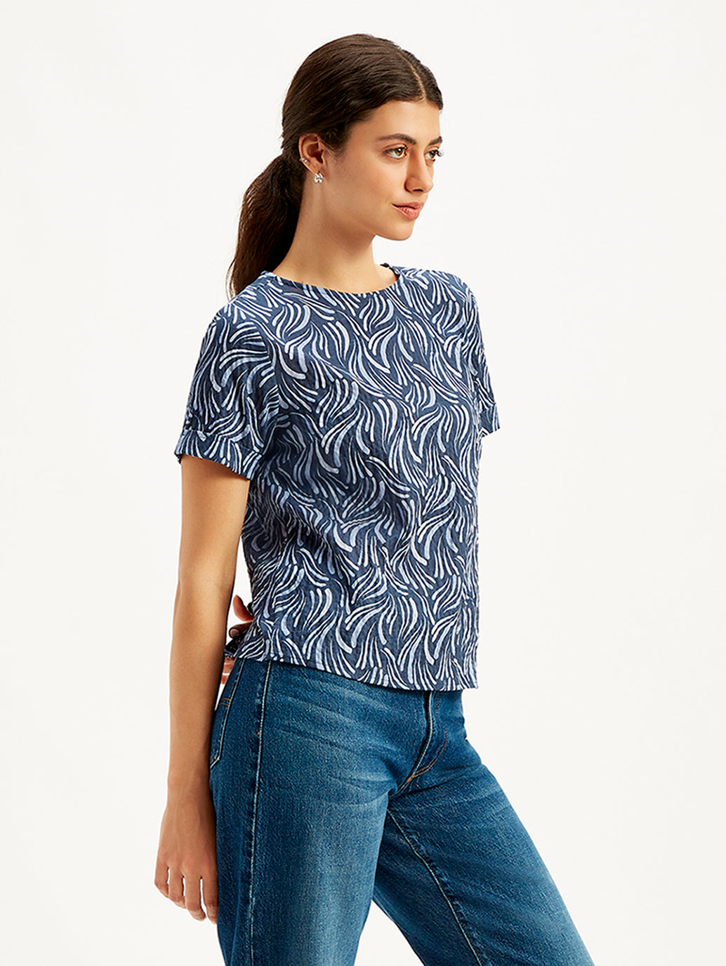 Women's Abstract Print Navy Blue Round Neck Top