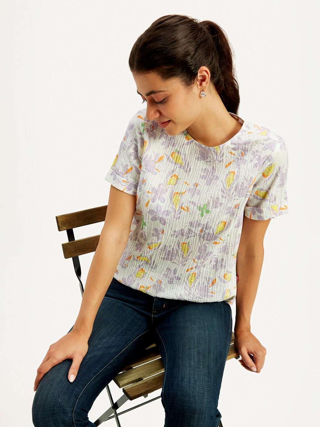 Women's Floral Print Off-White Round Neck Top