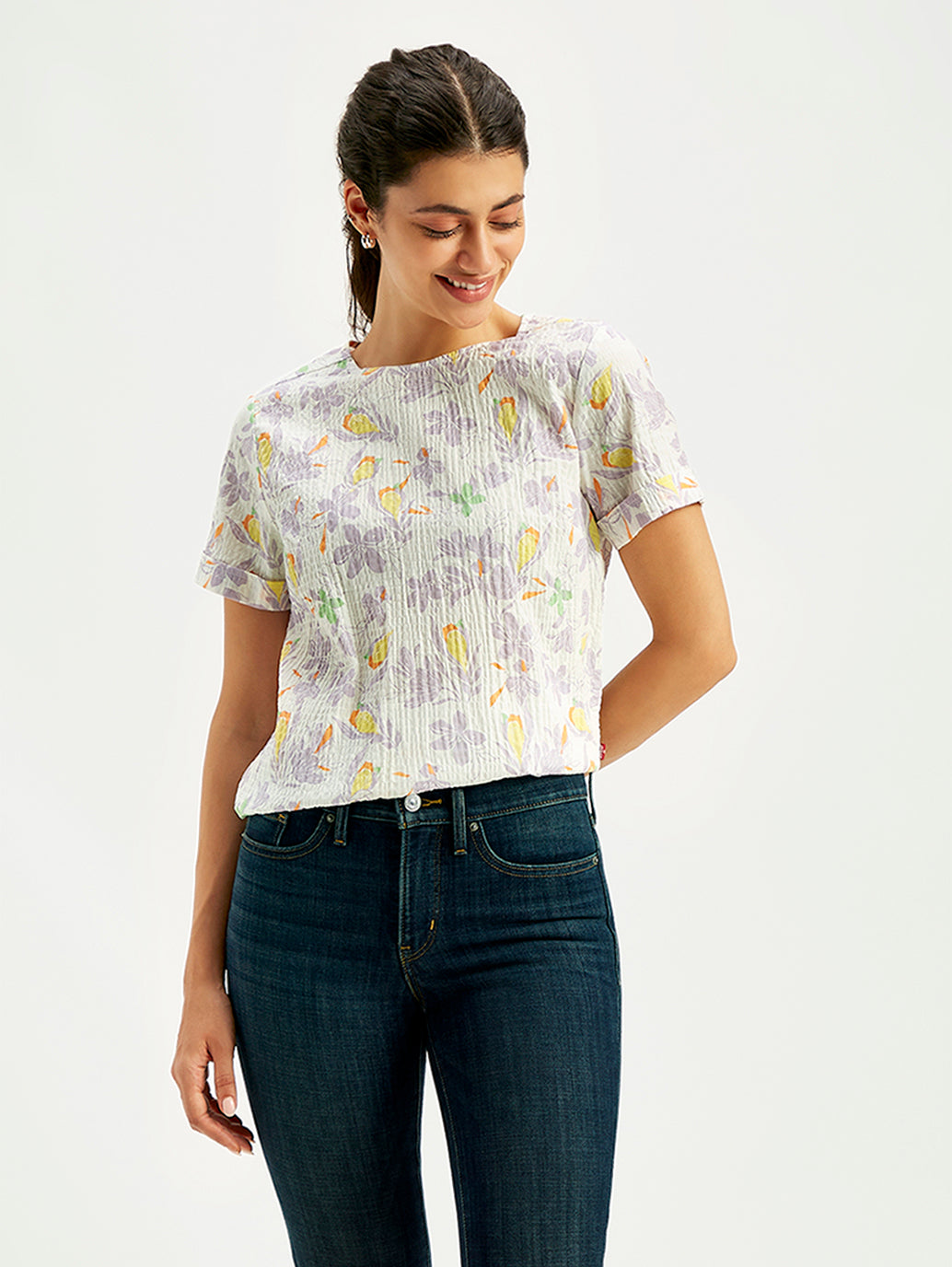 Women's Floral Print Off-White Round Neck Top