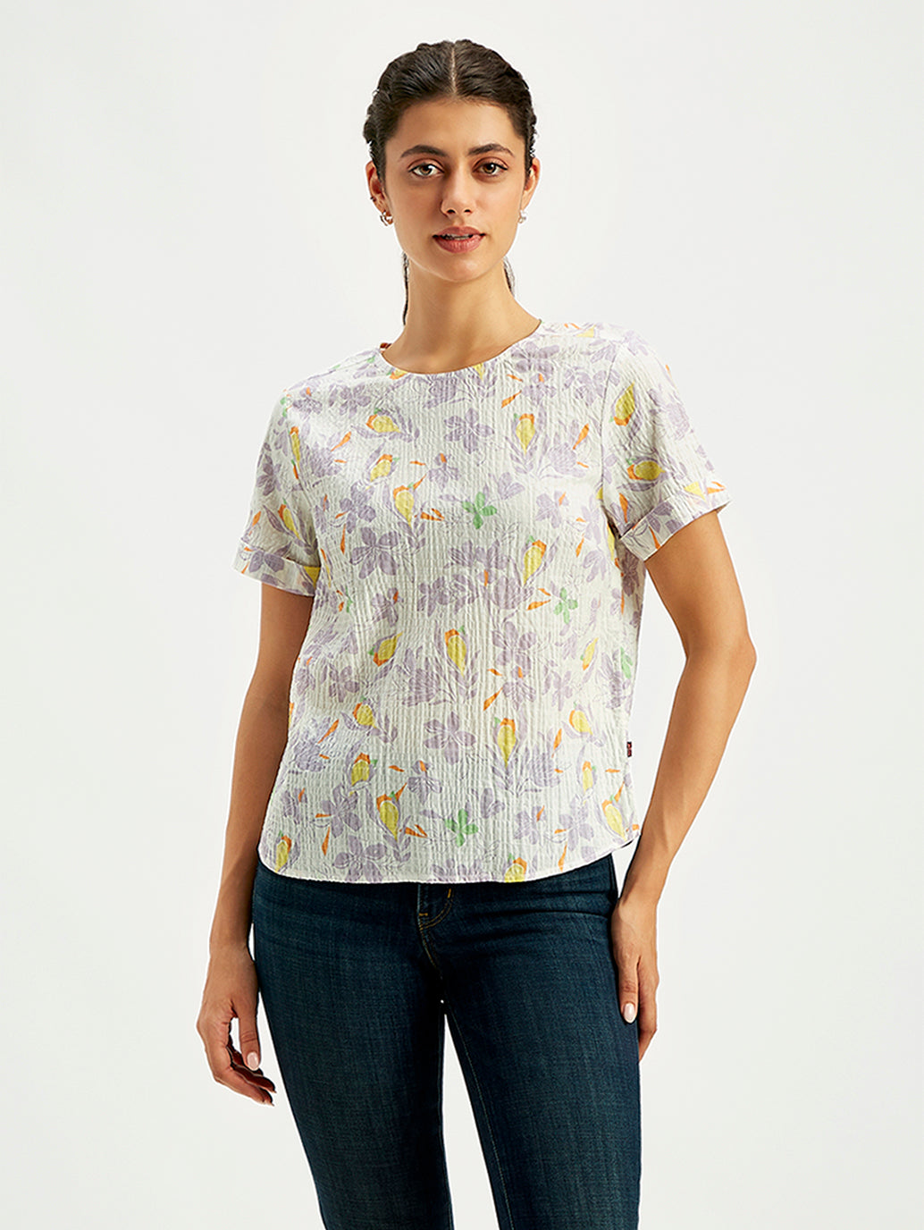 Women's Floral Print Off-White Round Neck Top