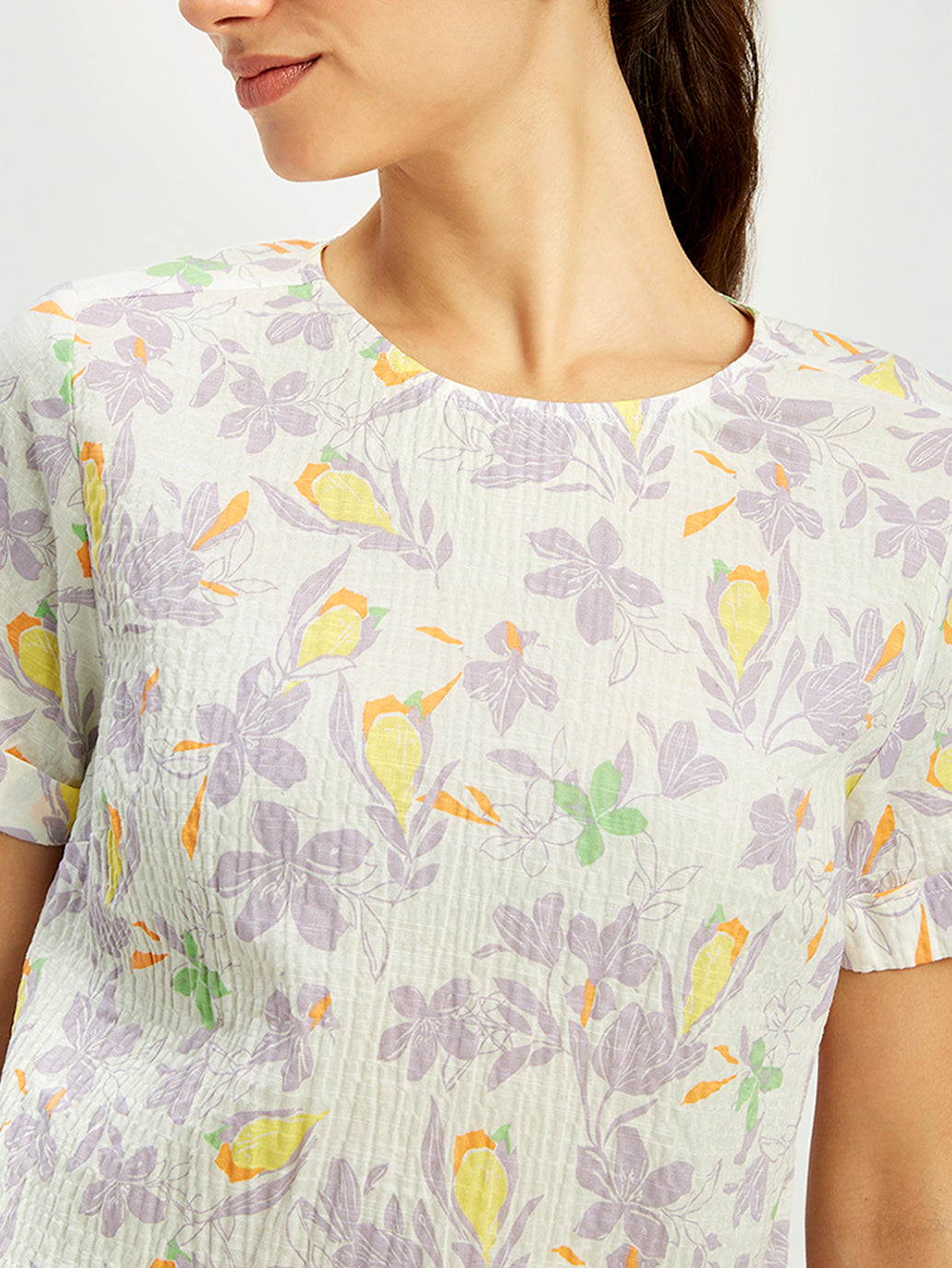 Women's Floral Print Off-White Round Neck Top