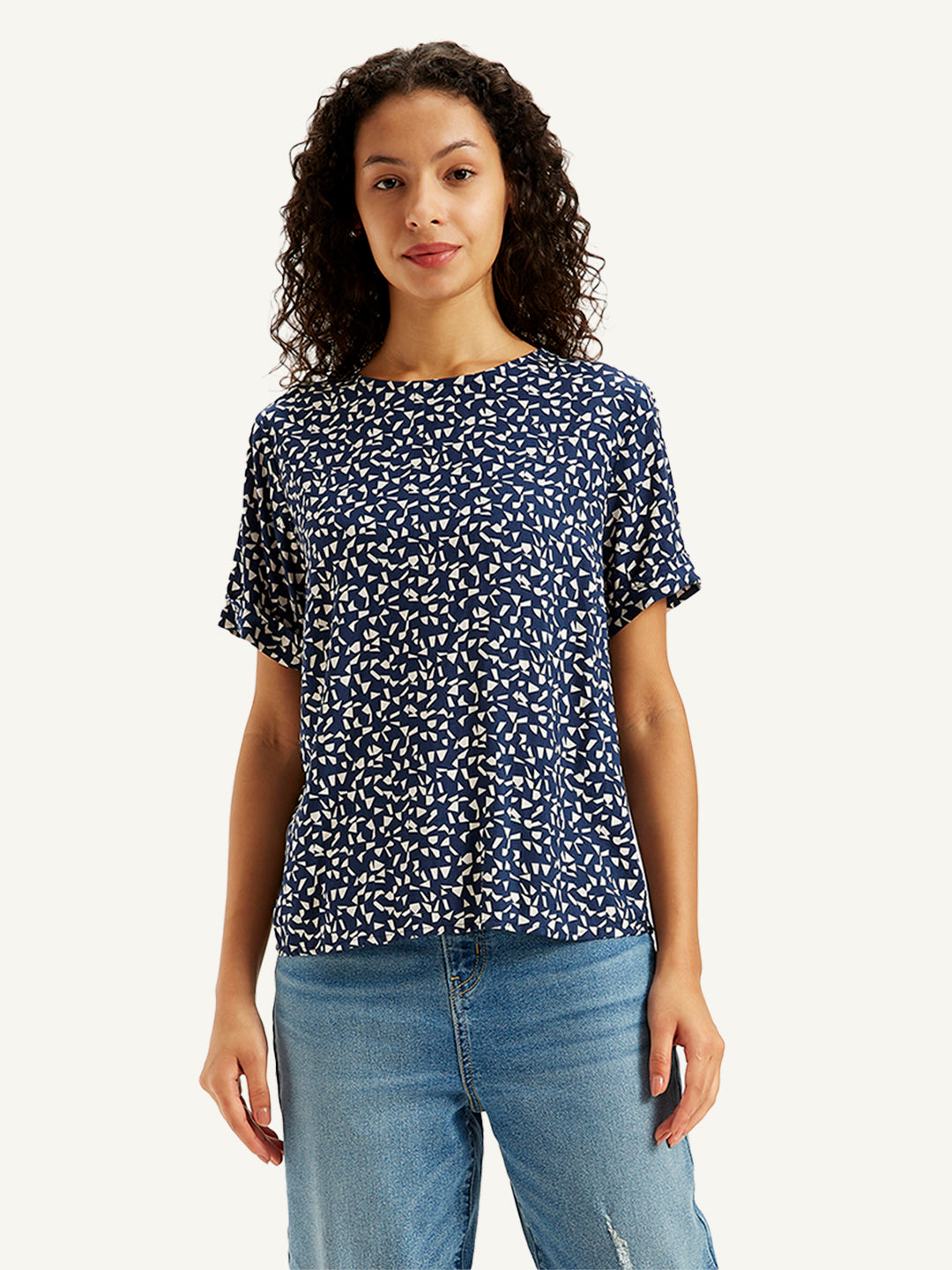 Women's Geometric Print Navy Round Neck Top