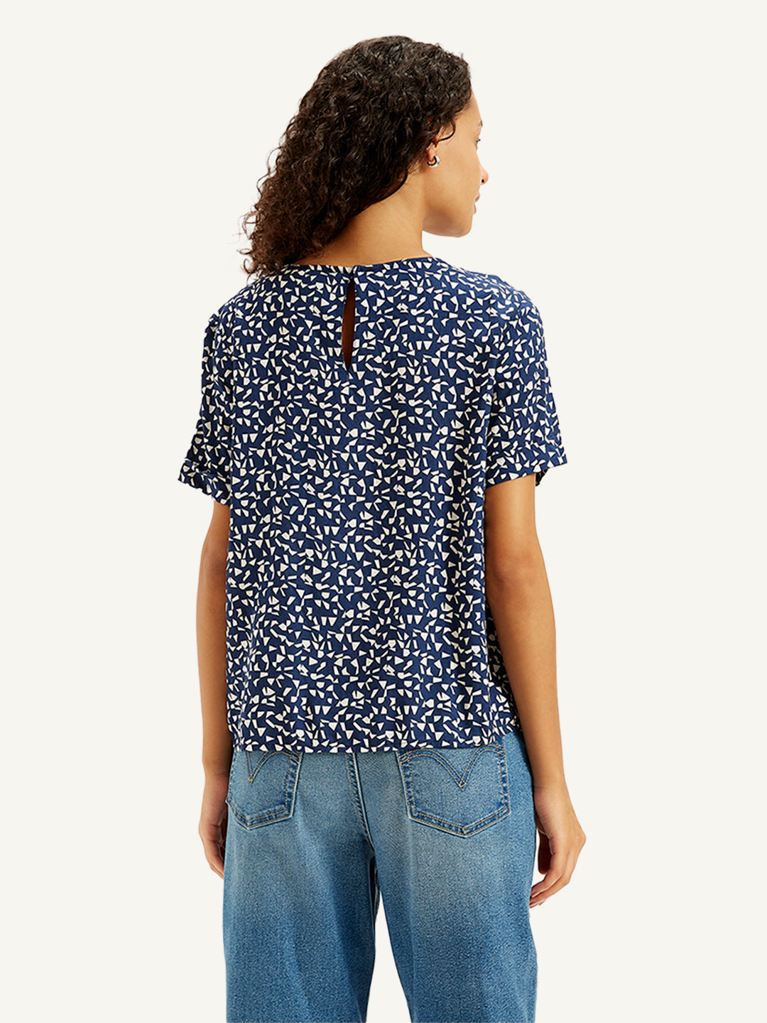 Women's Geometric Print Navy Round Neck Top