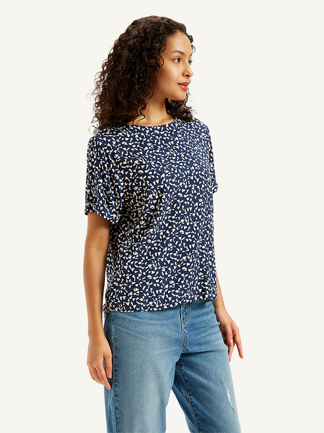 Women's Geometric Print Navy Round Neck Top