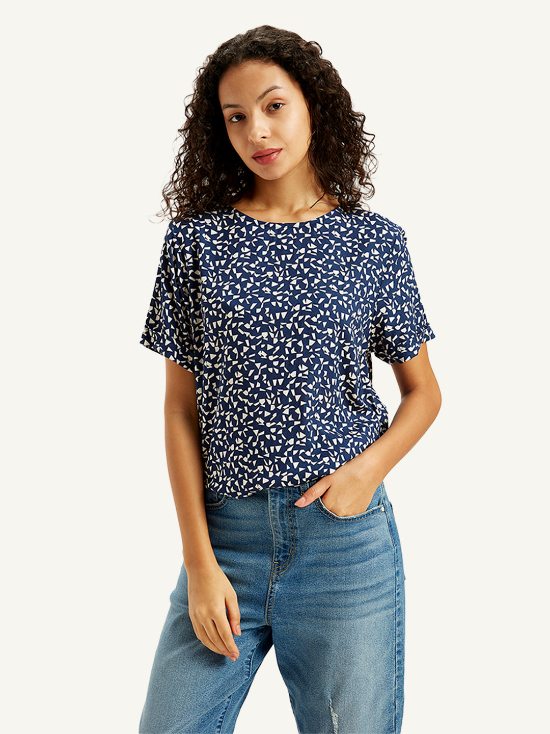 Women's Geometric Print Navy Round Neck Top