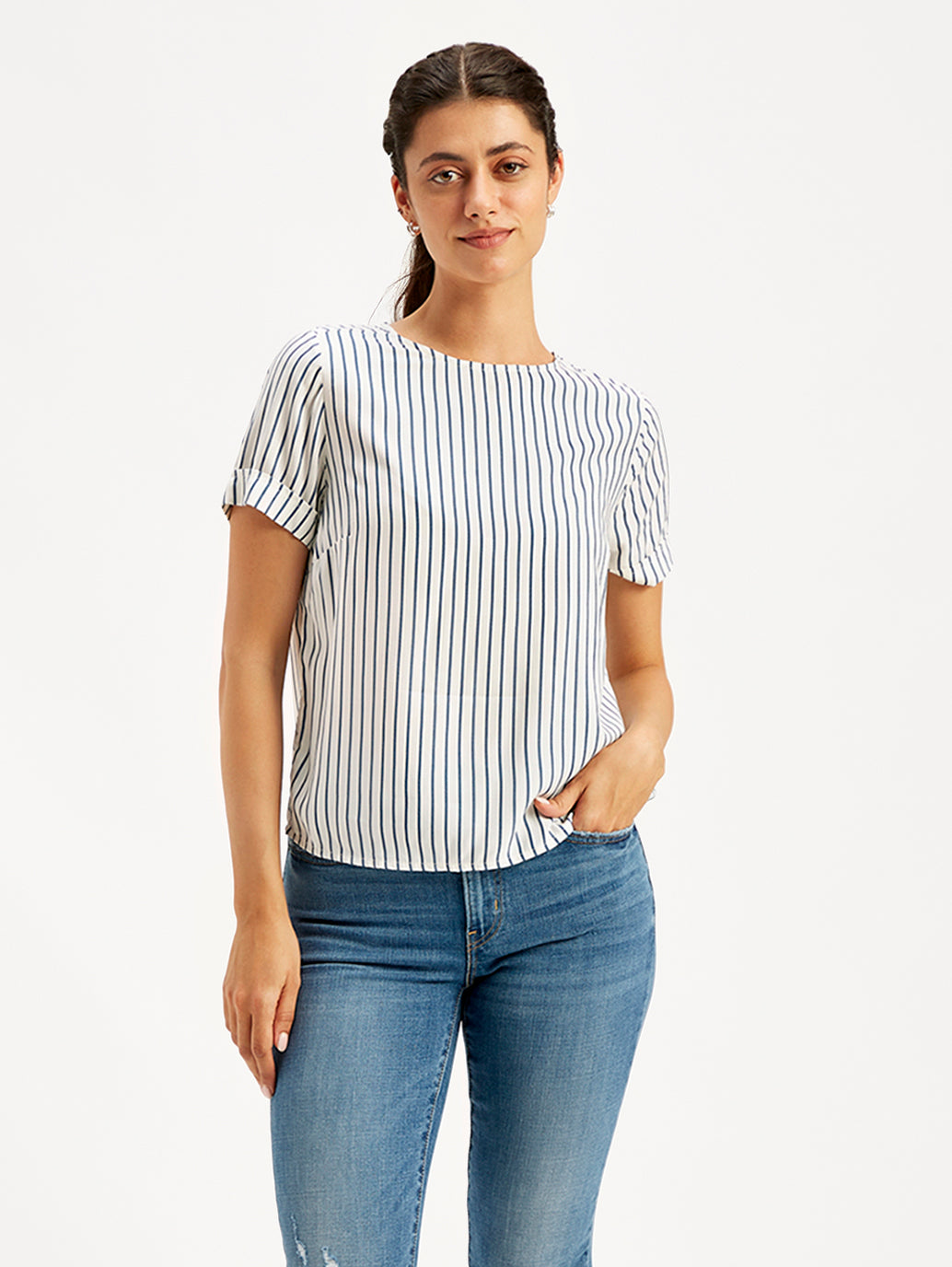 Women's Striped Off-White Round Neck Top