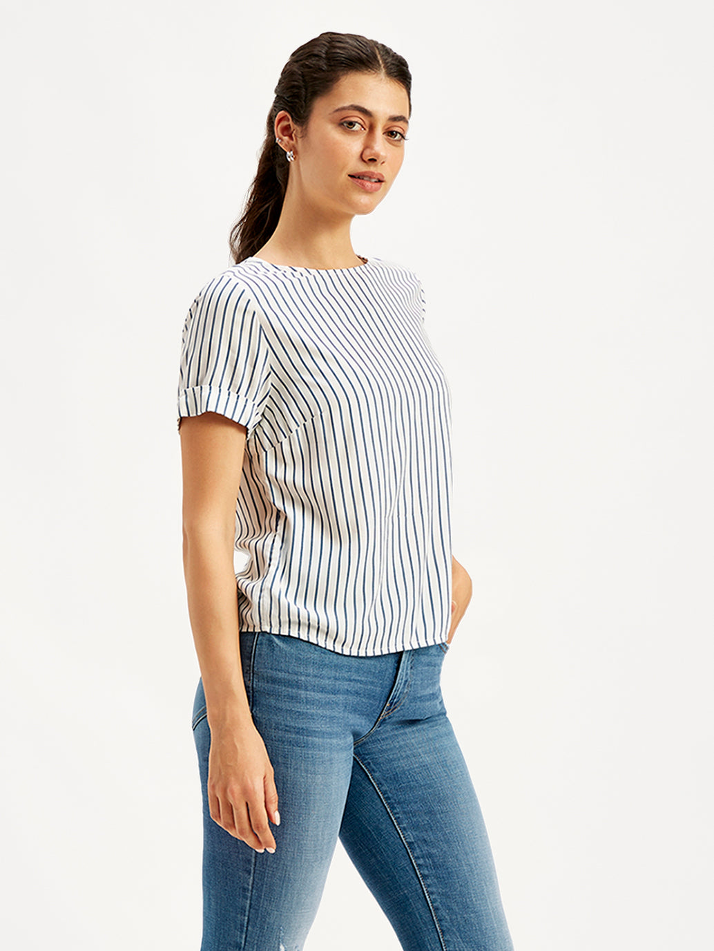 Women's Striped Off-White Round Neck Top