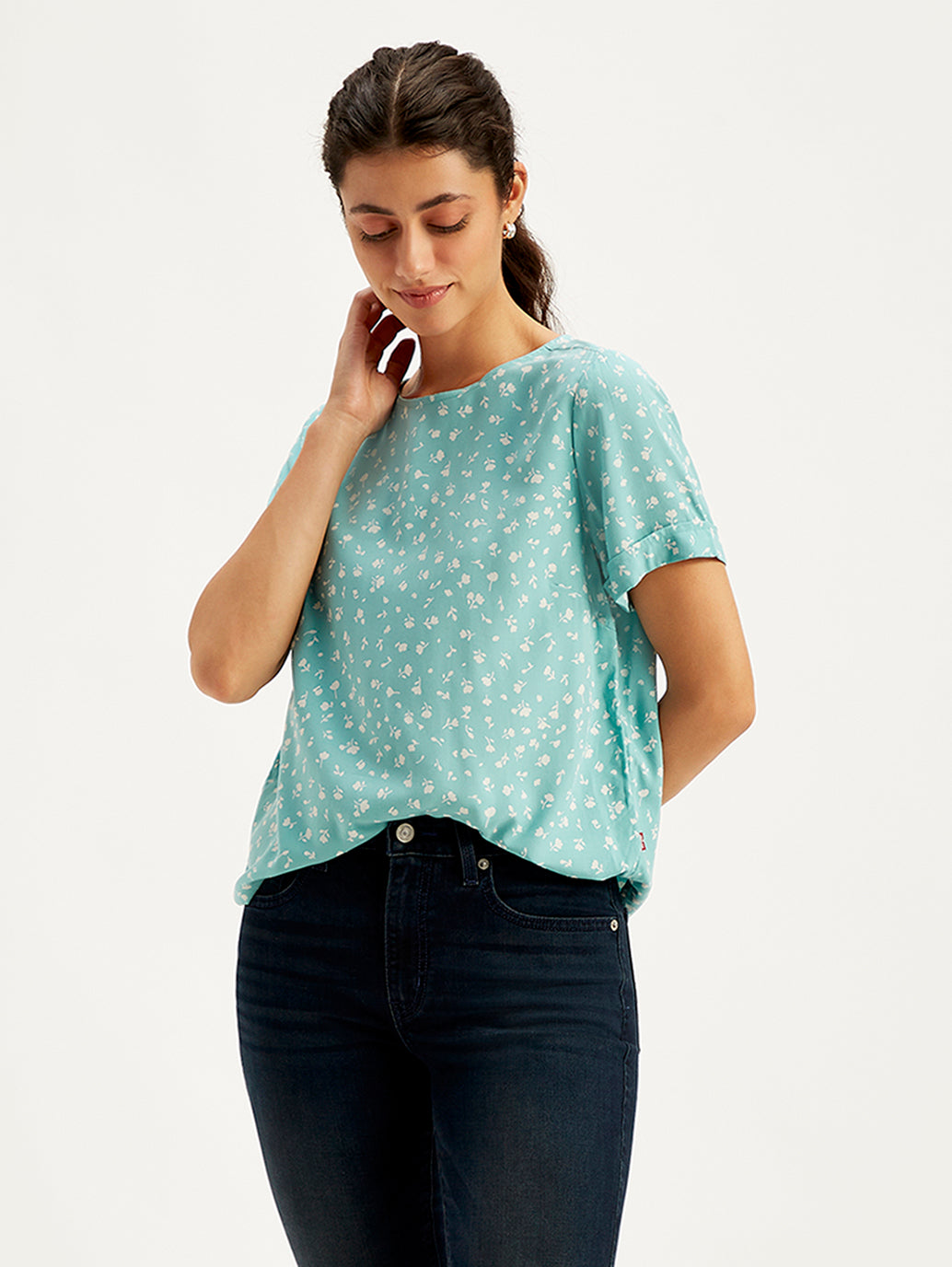 Women's Floral Print Light-Blue Round Neck Top