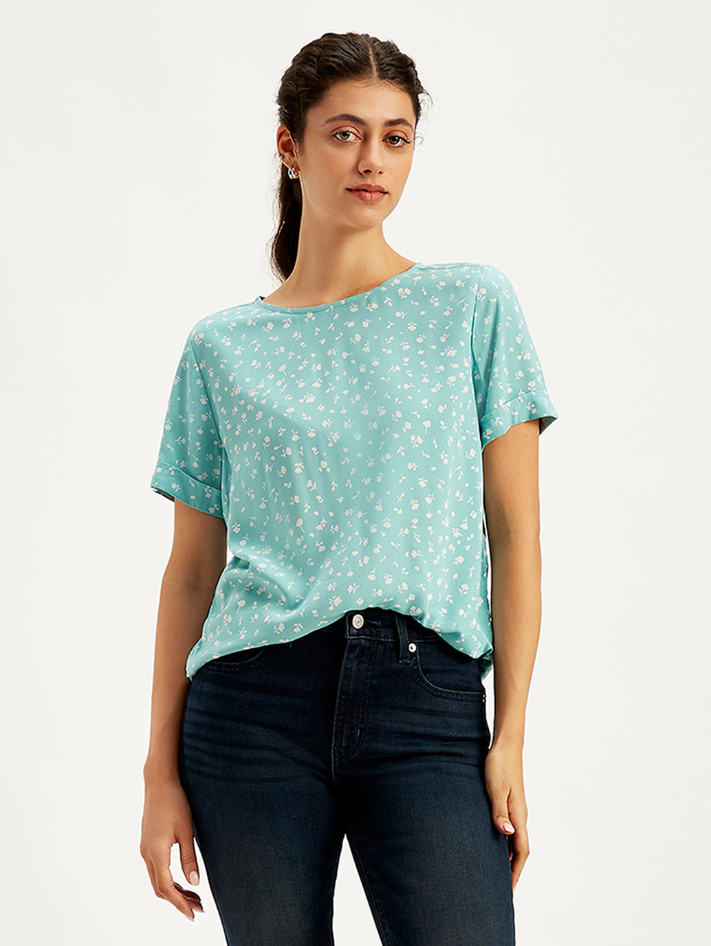 Women's Floral Print Light-Blue Round Neck Top