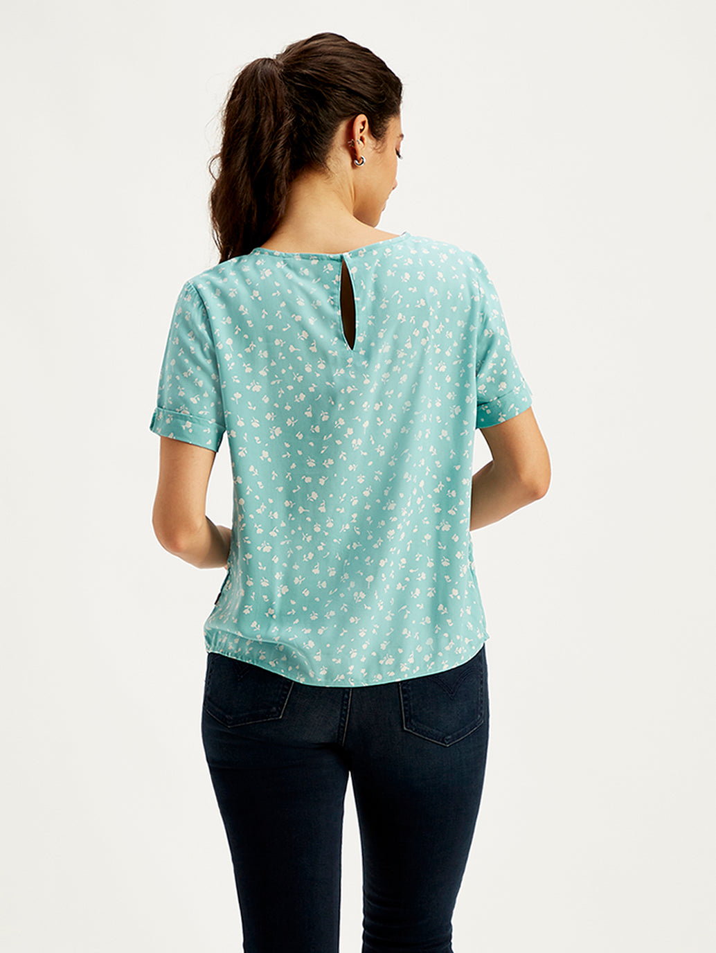 Women's Floral Print Light-Blue Round Neck Top