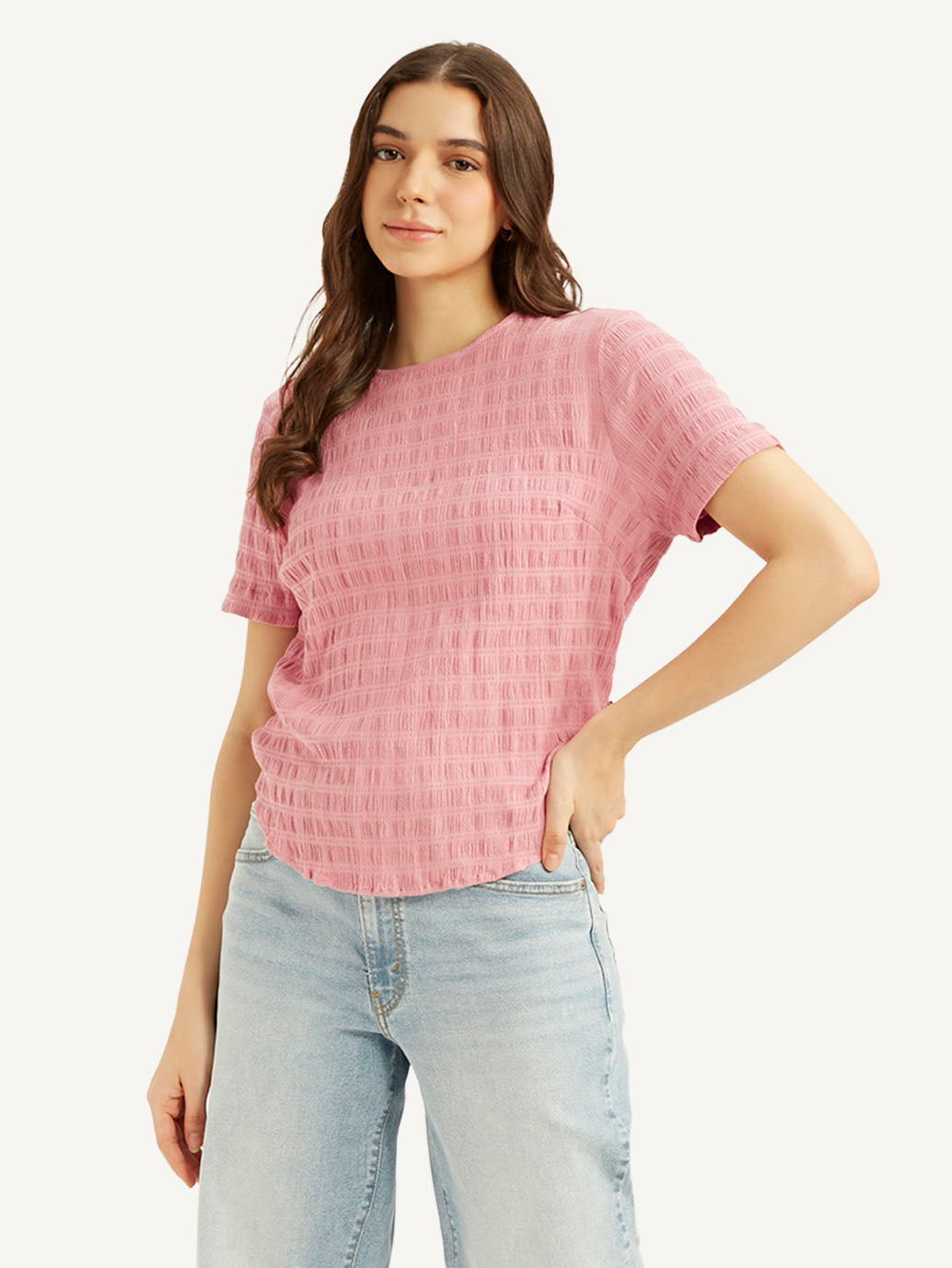 Women's Textured Pink Round Neck Top - 34764fb1-9136-4375-aea3-a6b6d56964f4 View