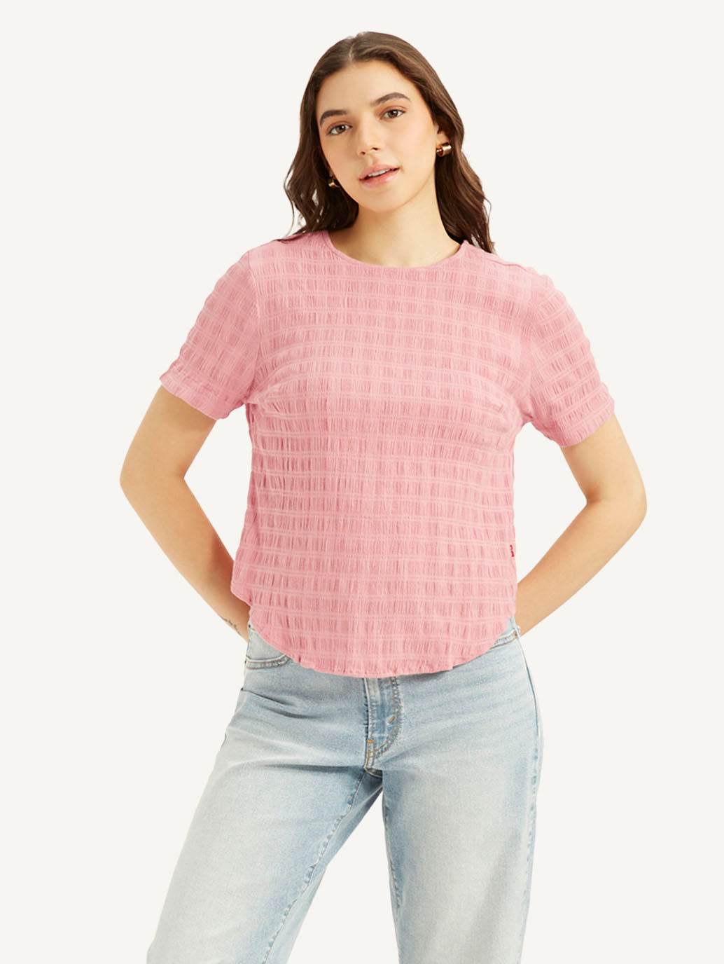Women's Textured Pink Round Neck Top - f4b15697-01aa-4a0b-9245-95a5e49c4fd7 View