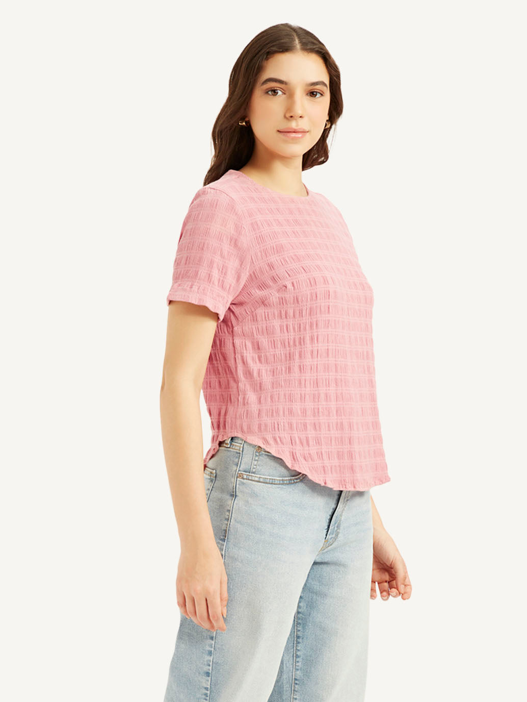 Women's Textured Pink Round Neck Top - 22b29da8-4bb9-48d5-a83e-480fe49395b9 View