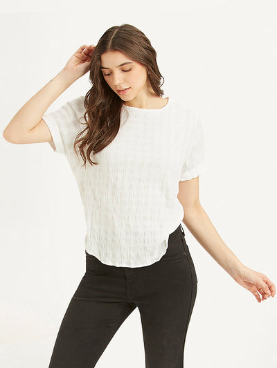 Women's Textured White Round Neck Top
