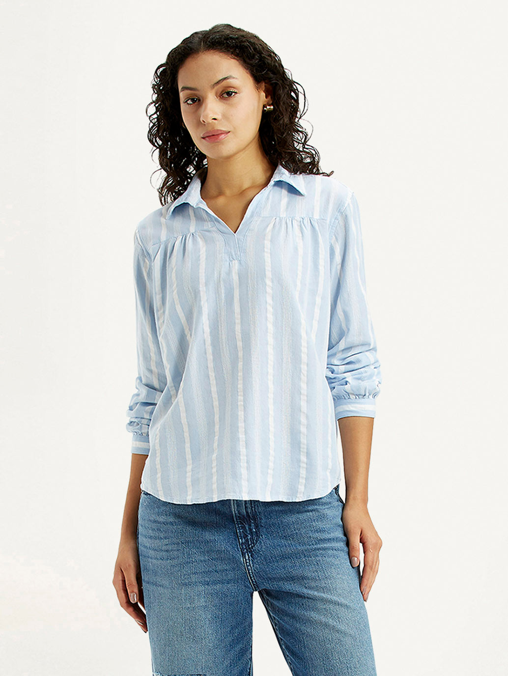 Women's Striped Light Blue Spread Collar Top - Styleshot View