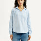 Women's Striped Light Blue Spread Collar Top - Front View
