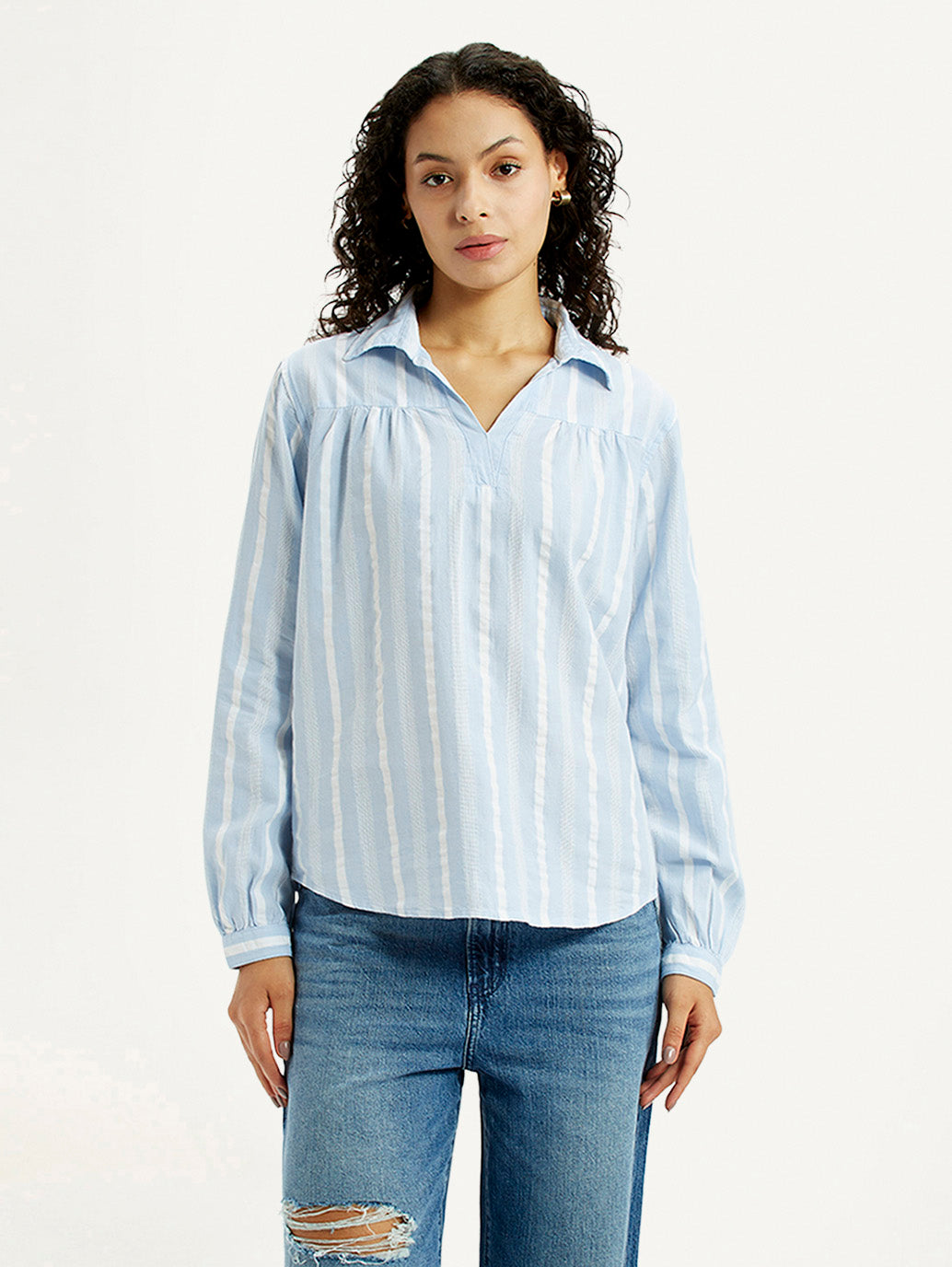 Women's Striped Light Blue Spread Collar Top - Front View