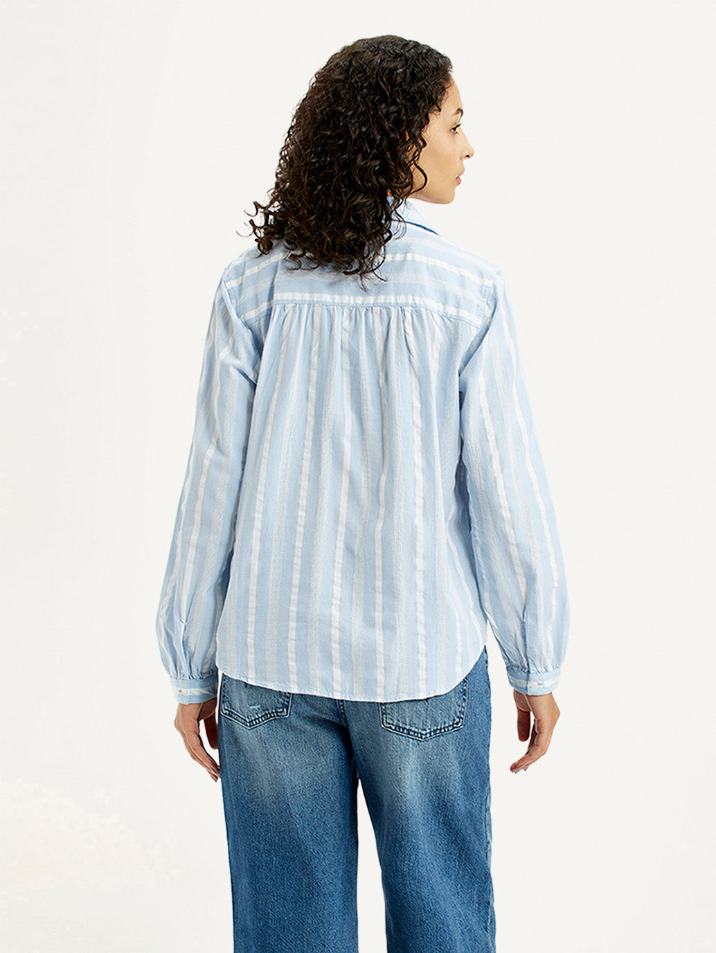 Women's Striped Light Blue Spread Collar Top - Back View