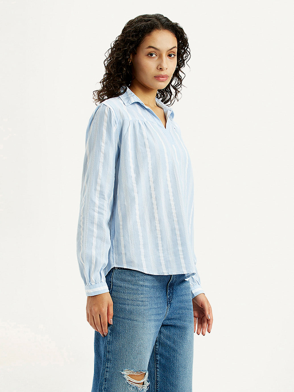 Women's Striped Light Blue Spread Collar Top - Side View