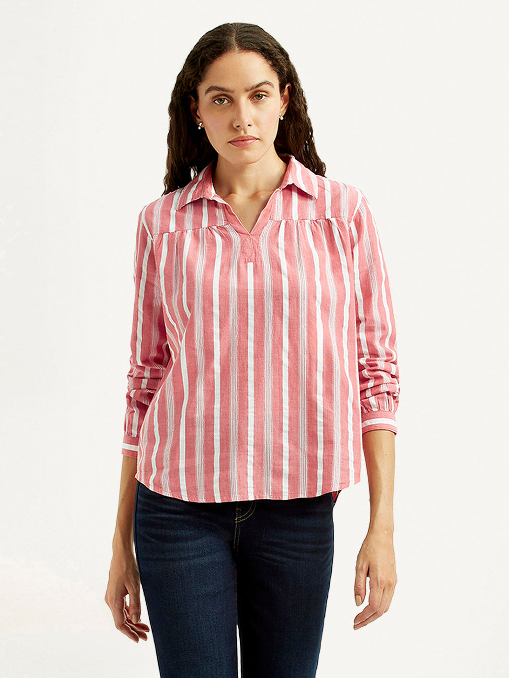 Women's Striped Pink Spread Collar Top - Styleshot View