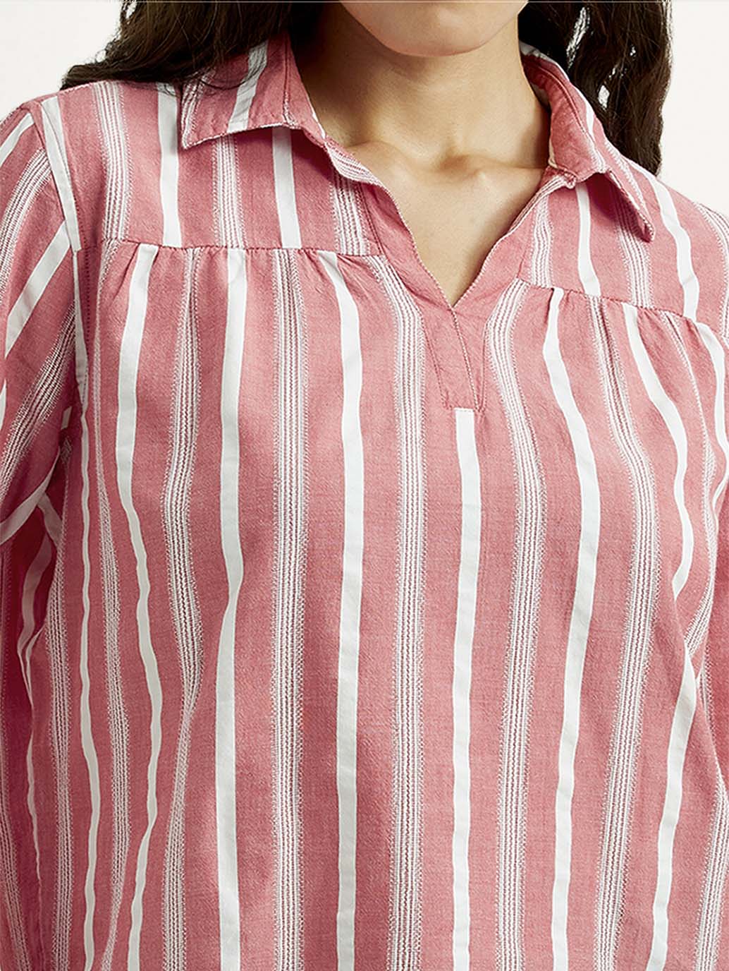Women's Striped Pink Spread Collar Top - Detail View
