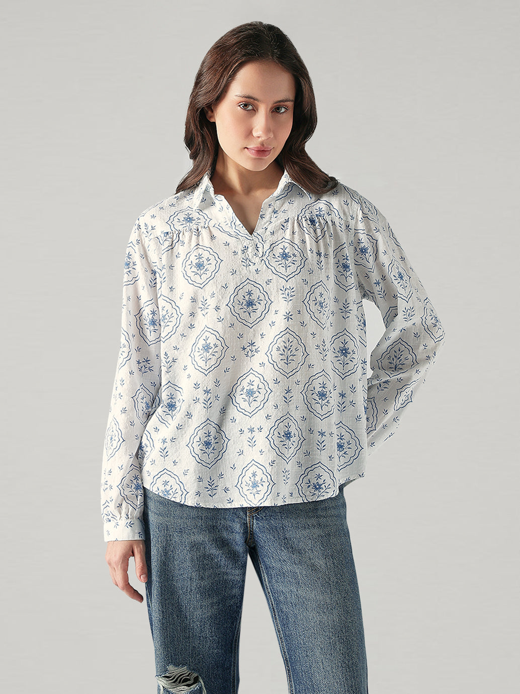 Women's Floral Regular Fit Collar Neck Top - Styleshot View