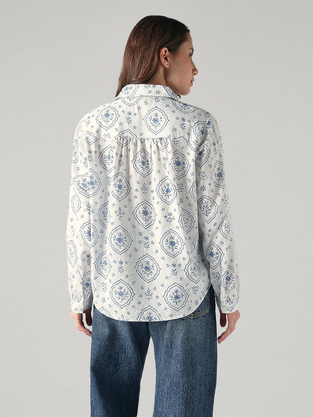 Women's Floral Regular Fit Collar Neck Top - Back View