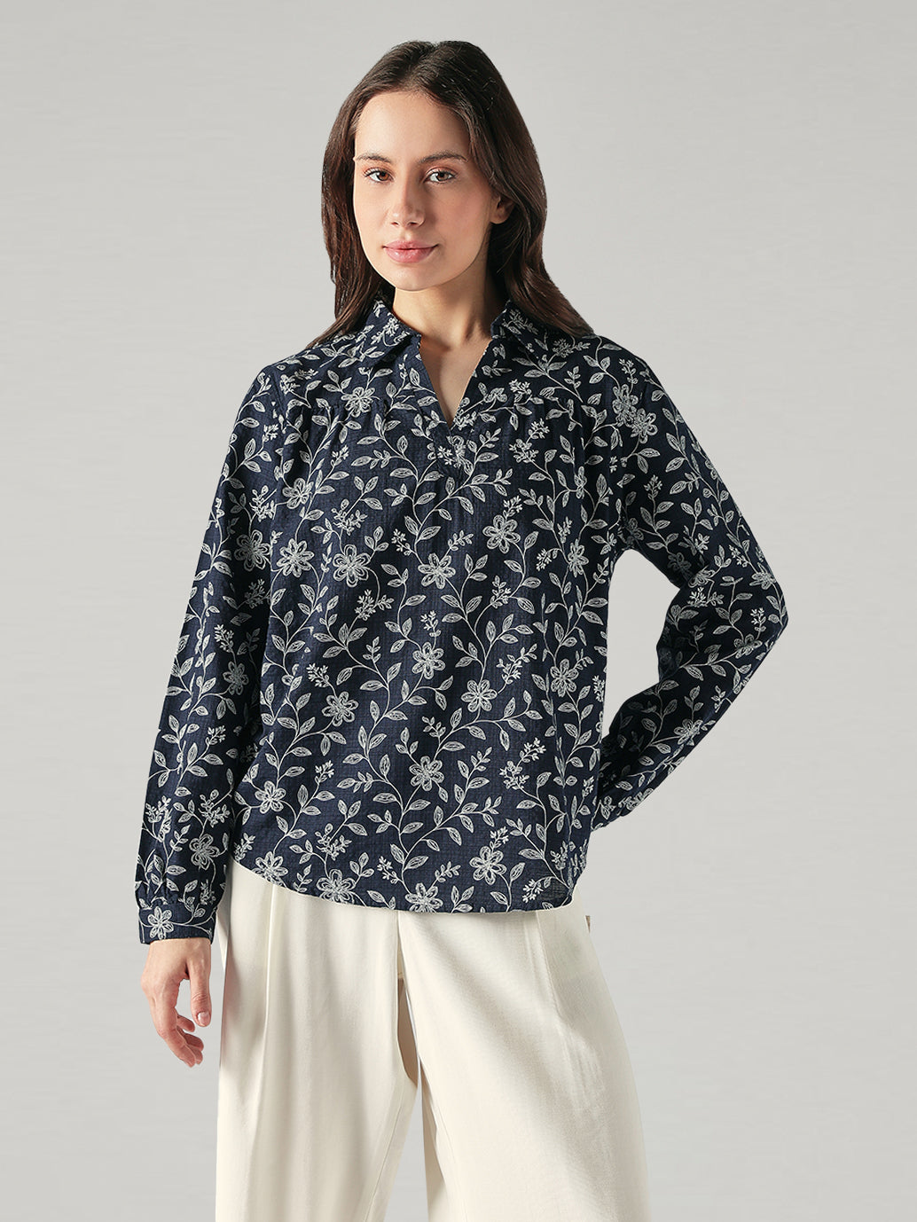 Women's Floral Regular Fit Collar Neck Top - Front View