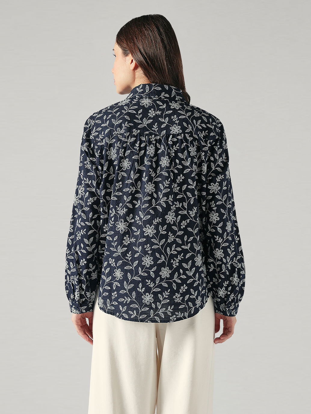 Women's Floral Regular Fit Collar Neck Top - Back View