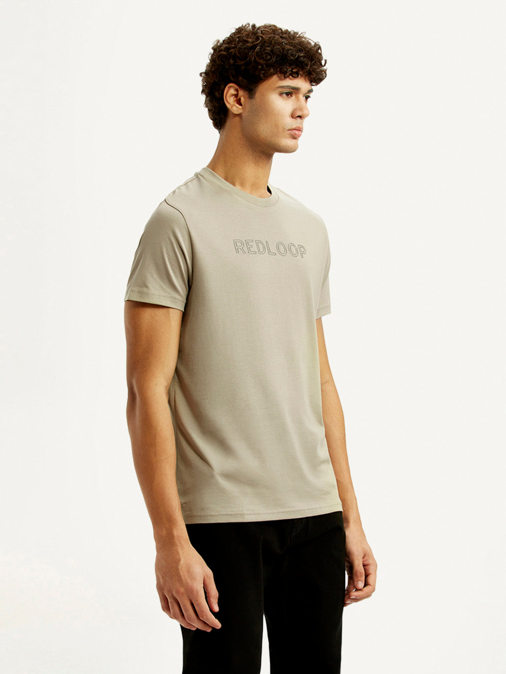 Men's Redloop Typography Beige Slim Fit T-shirt - Side View