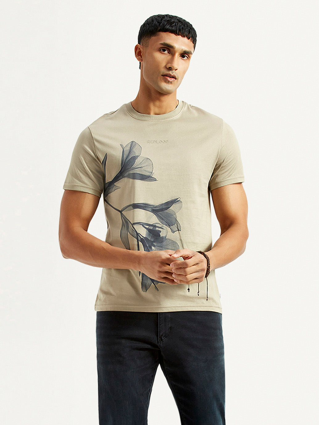 Men's Floral Beige Slim Fit T-shirt - Styleshot View