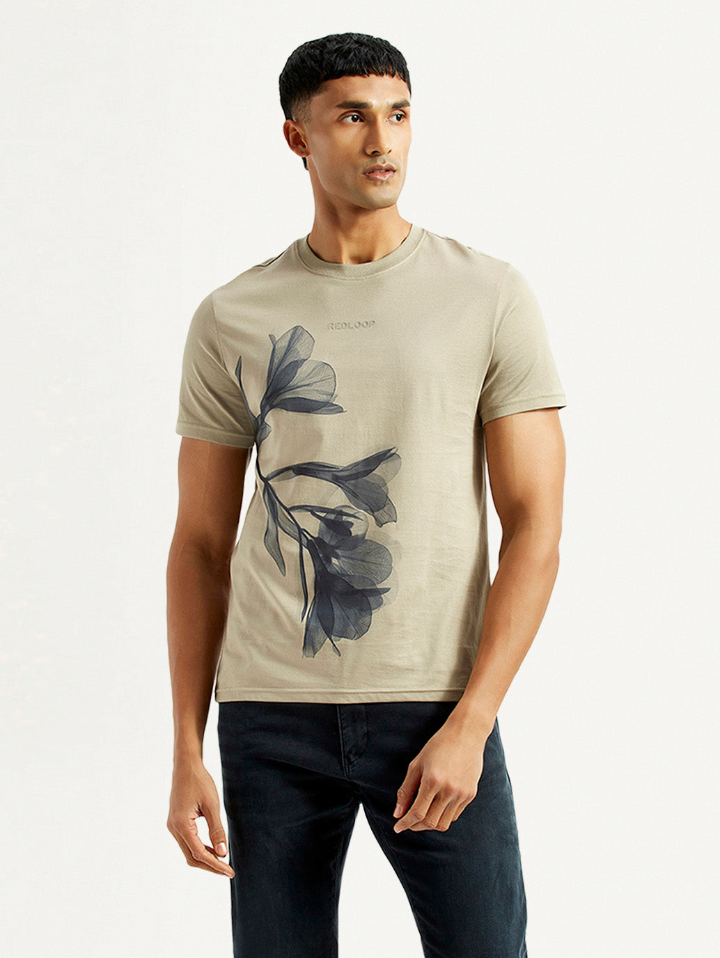 Men's Floral Beige Slim Fit T-shirt - Front View