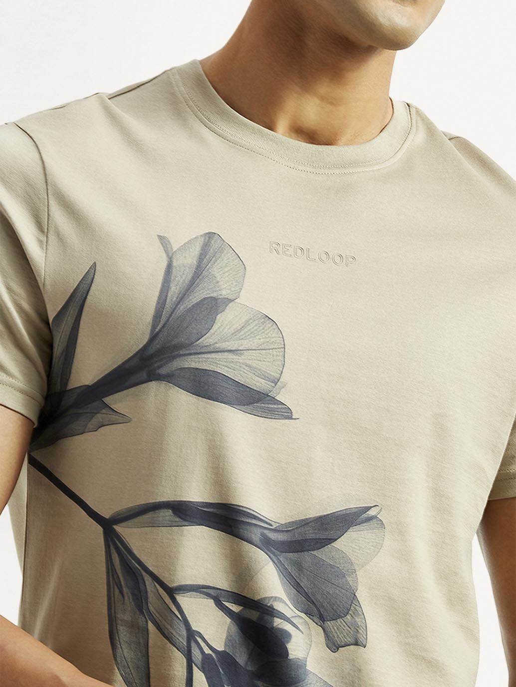 Men's Floral Beige Slim Fit T-shirt - Detail View