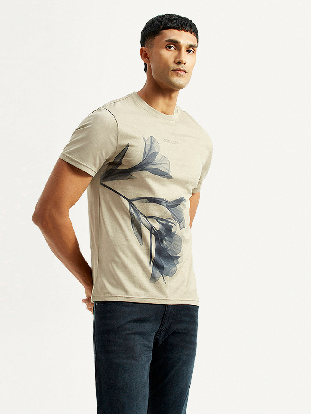Men's Floral Beige Slim Fit T-shirt - Side View
