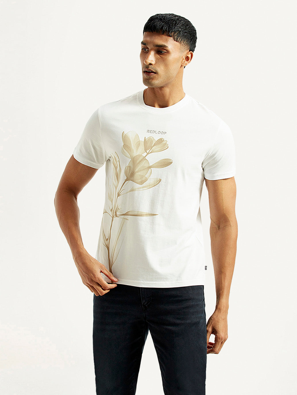 Men's Redloop Floral White Slim Fit T-shirt - Front View