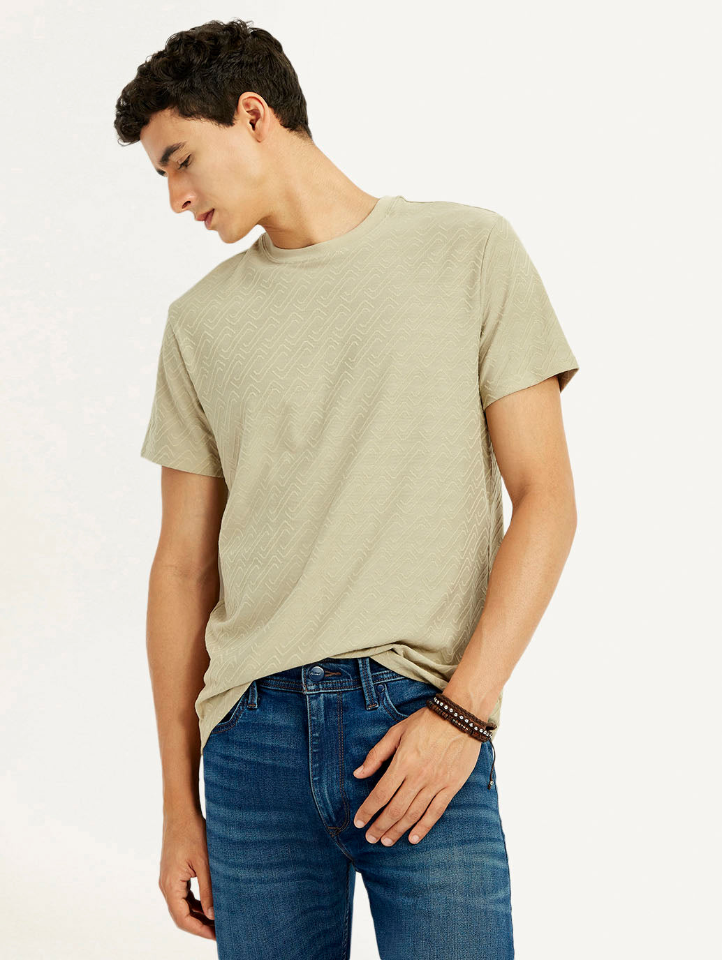Men's Solid Beige Slim Fit T-shirt