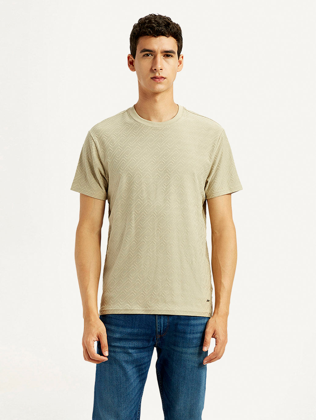 Men's Solid Beige Slim Fit T-shirt - Front View