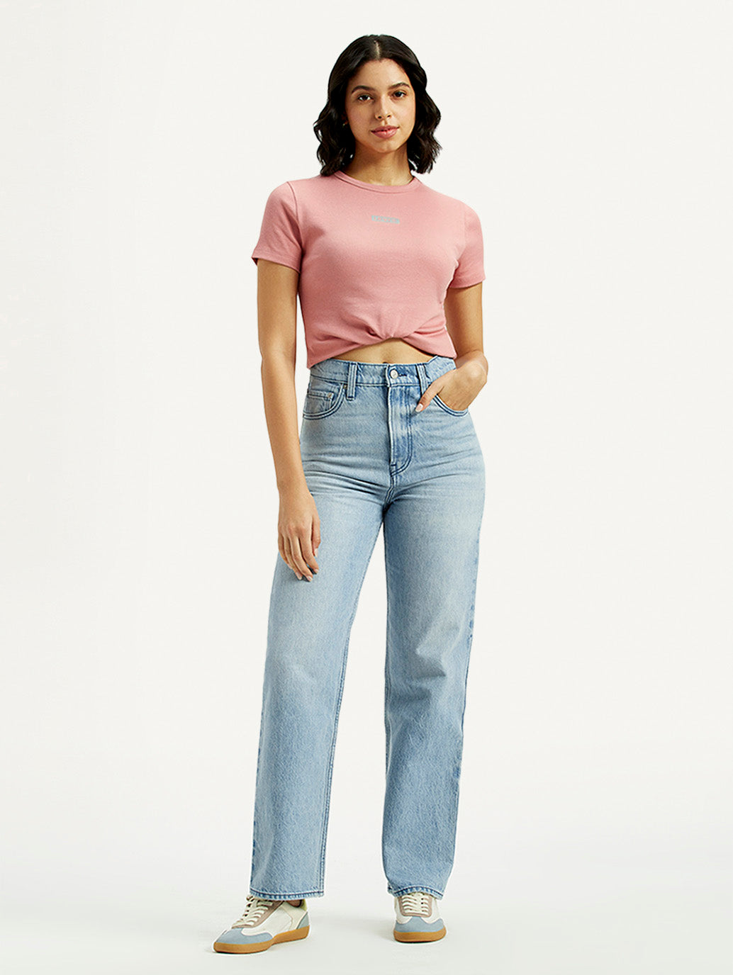 Women's Light Indigo Ribcage Straight Fit High Rise Jeans - Front View