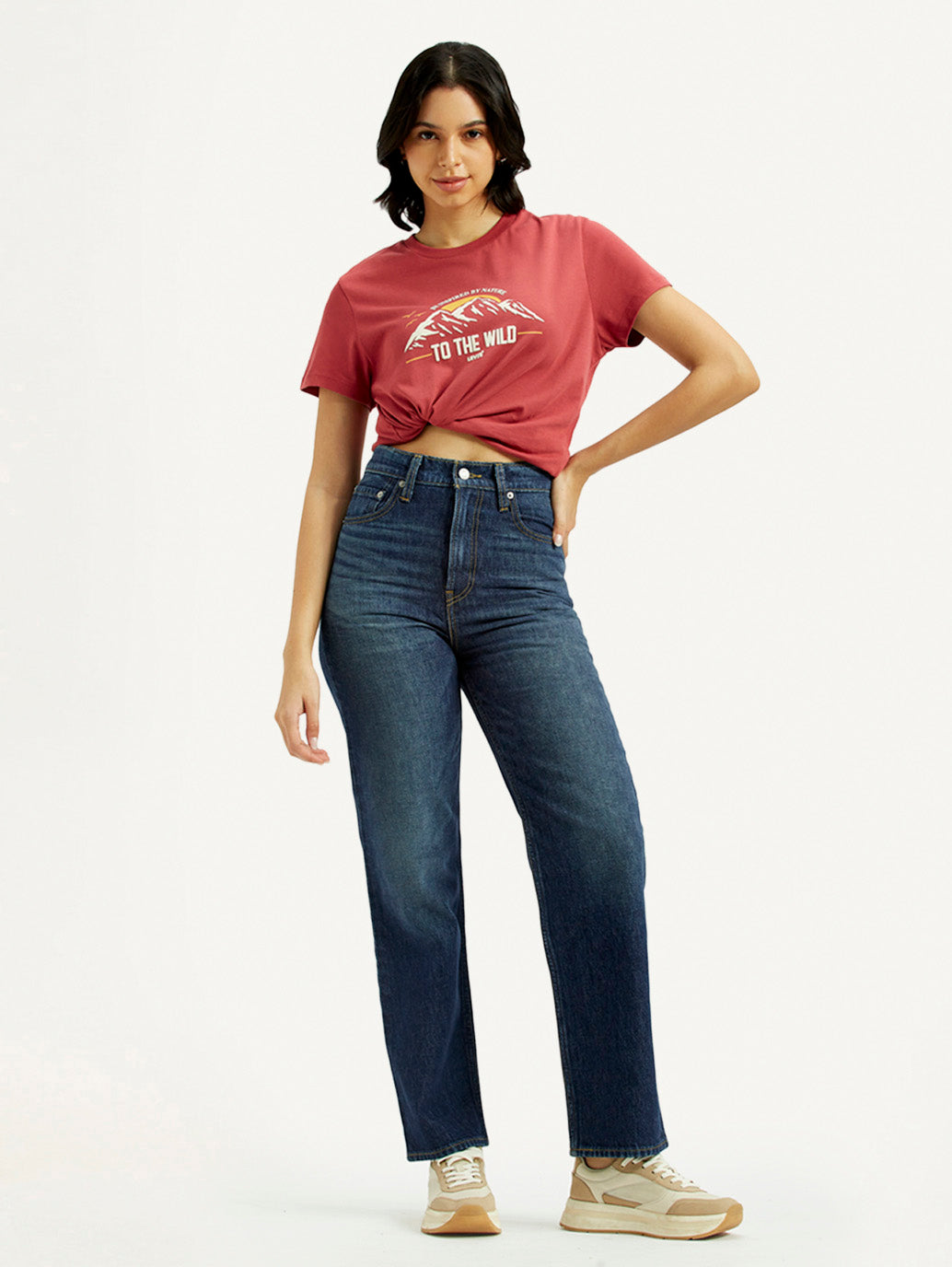 Women's Dark Indigo Ribcage Straight Fit High Rise Jeans - Styleshot View