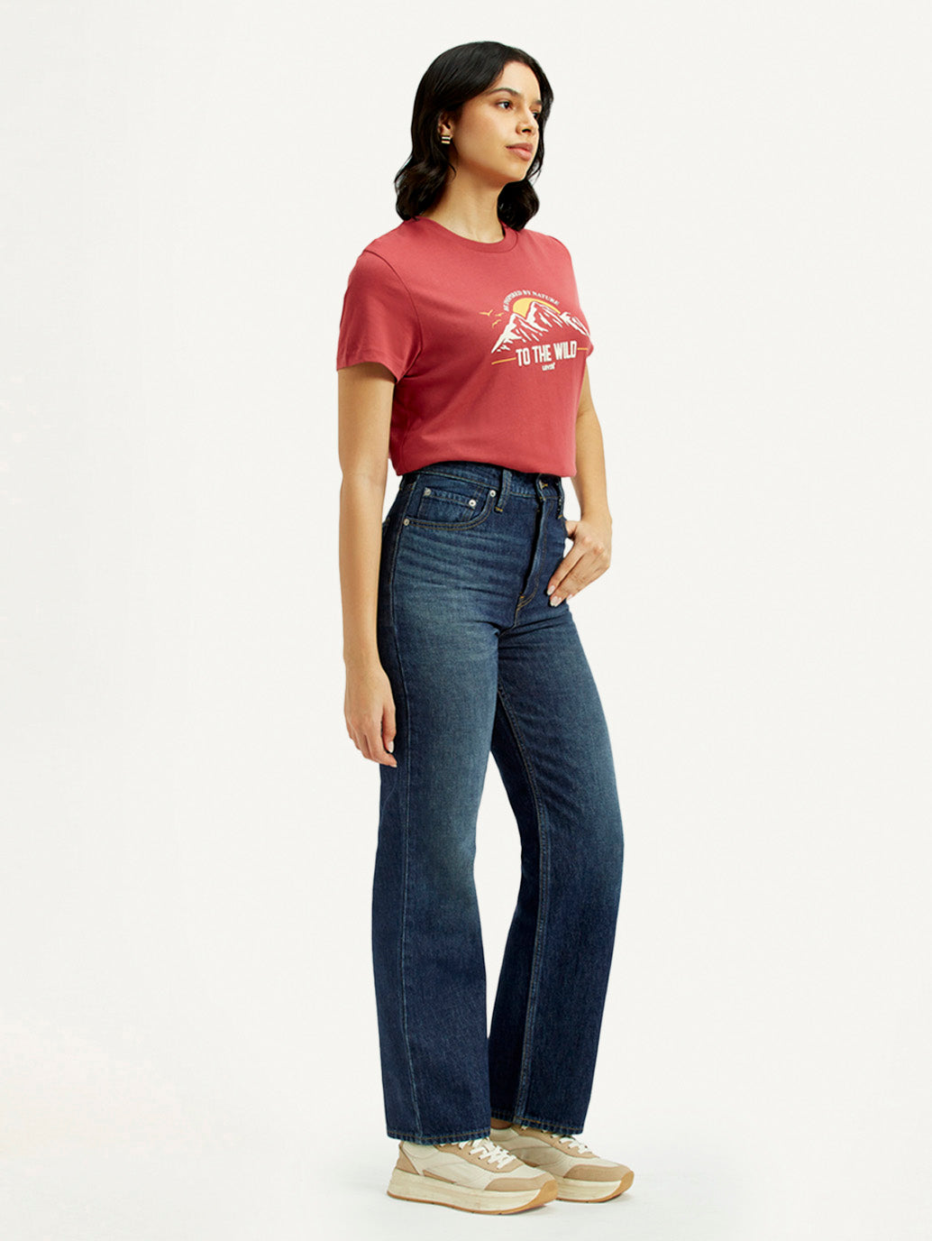 Women's Dark Indigo Ribcage Straight Fit High Rise Jeans - Side View