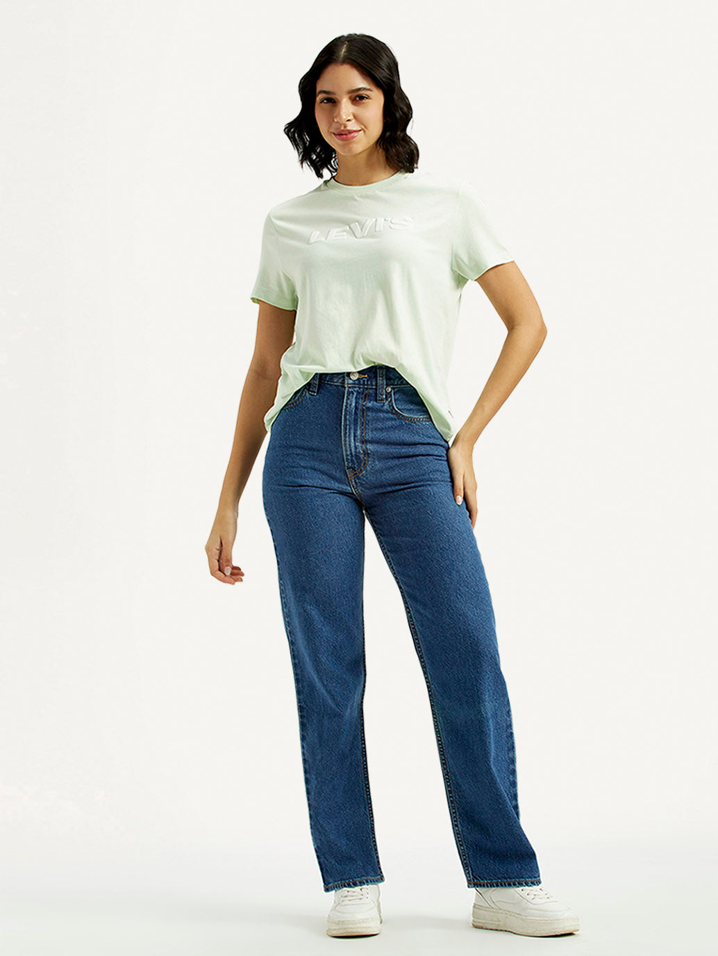 Women's Med Indigo Ribcage Straight Fit High Rise Jeans