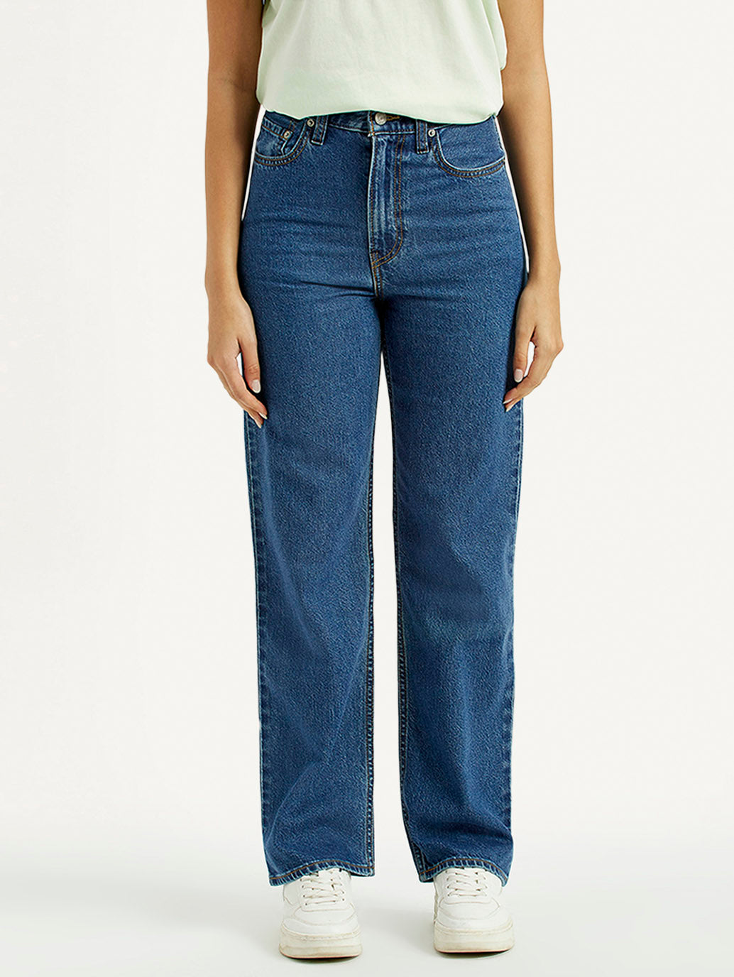 Women's Med Indigo Ribcage Straight Fit High Rise Jeans - Front View