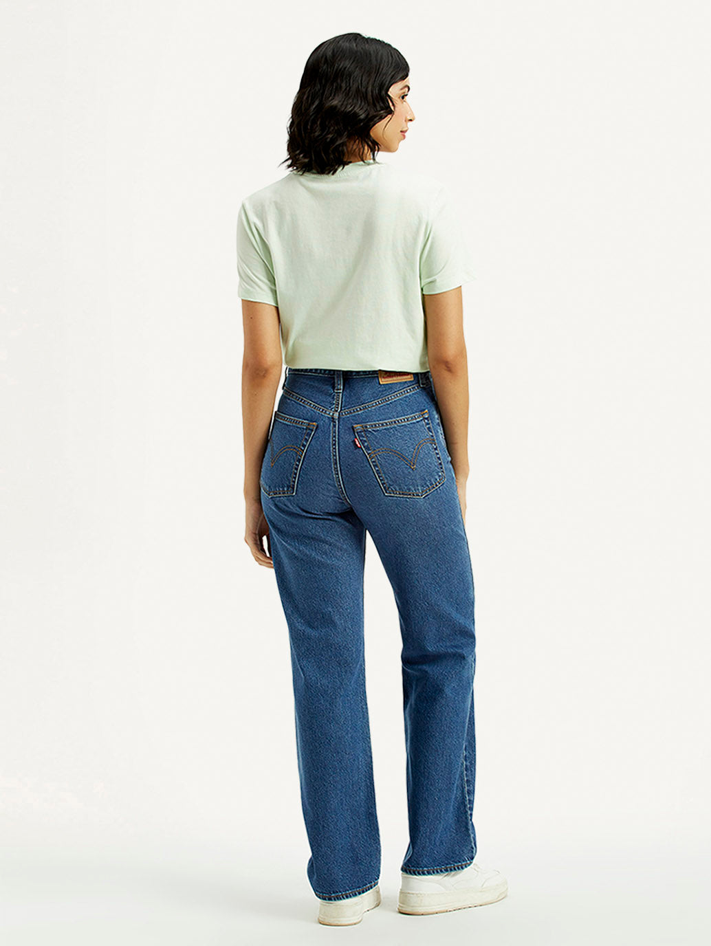 Women's Med Indigo Ribcage Straight Fit High Rise Jeans - Back View