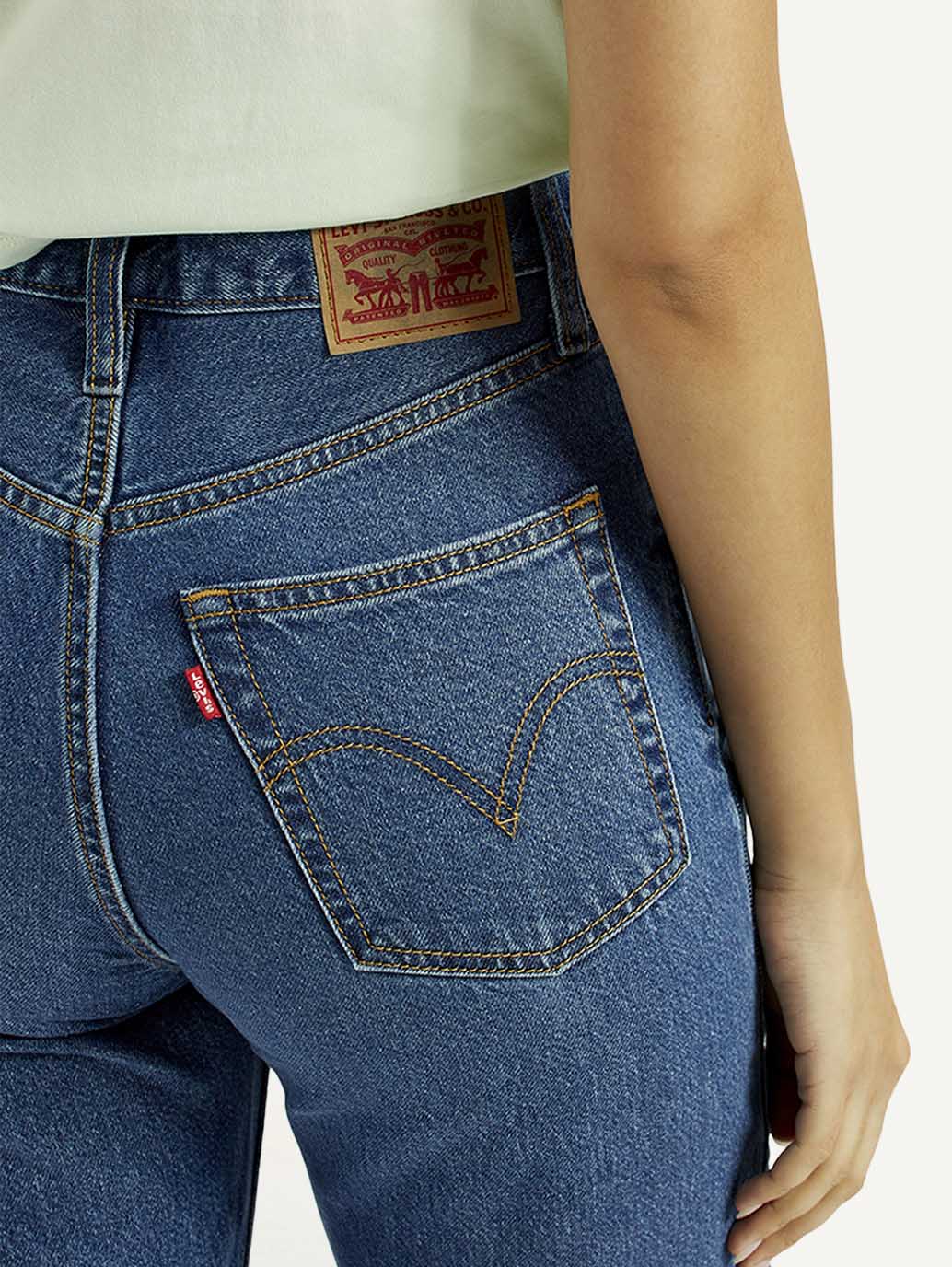 Women's Med Indigo Ribcage Straight Fit High Rise Jeans - Detail View