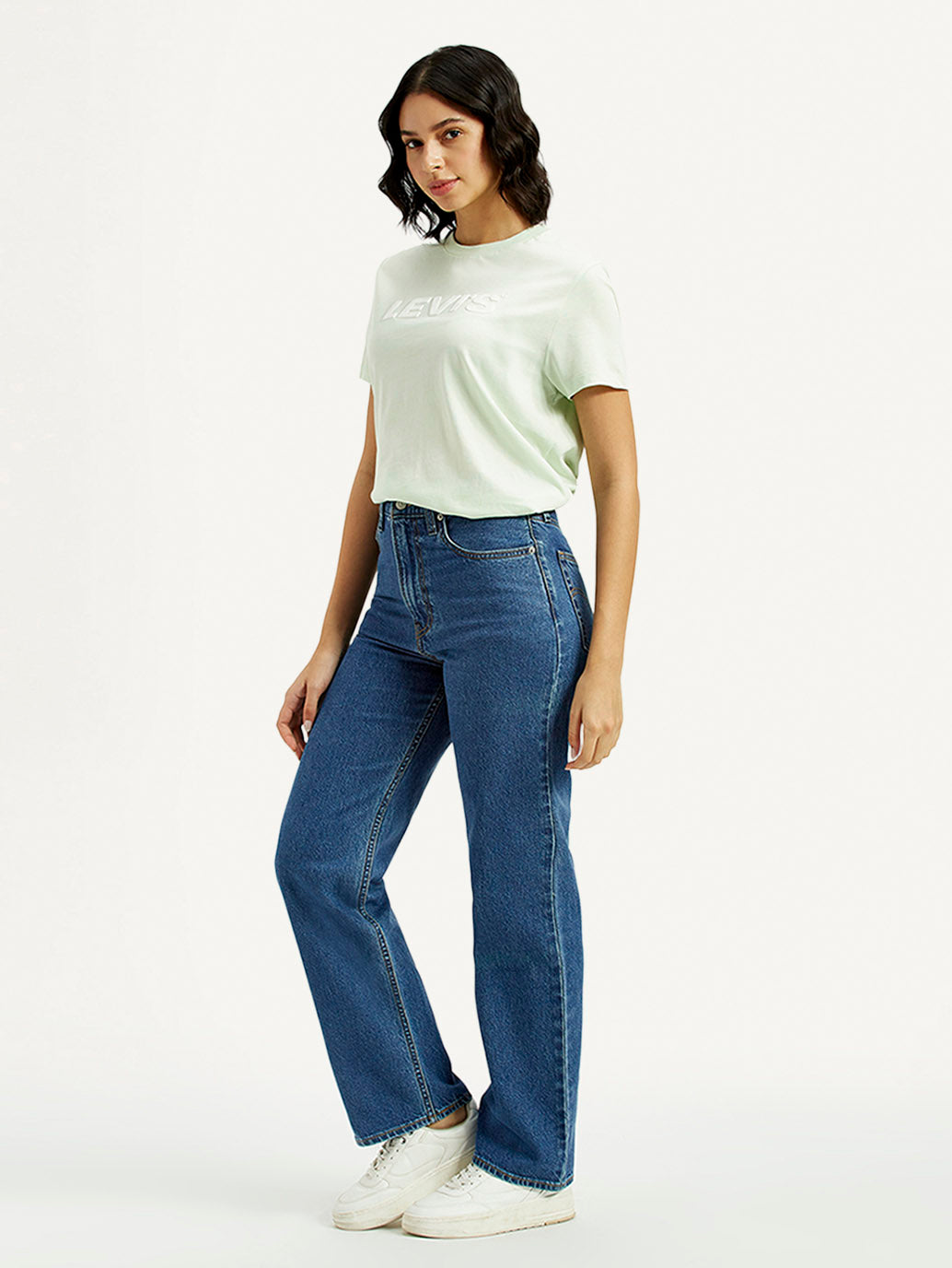 Women's Med Indigo Ribcage Straight Fit High Rise Jeans - Side View